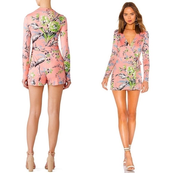 DVF Silk Floral Long Sleeve V-Neck Wrap Style Tie Waist Faux Mini Dress Romper 8 - Picture 4 of 10